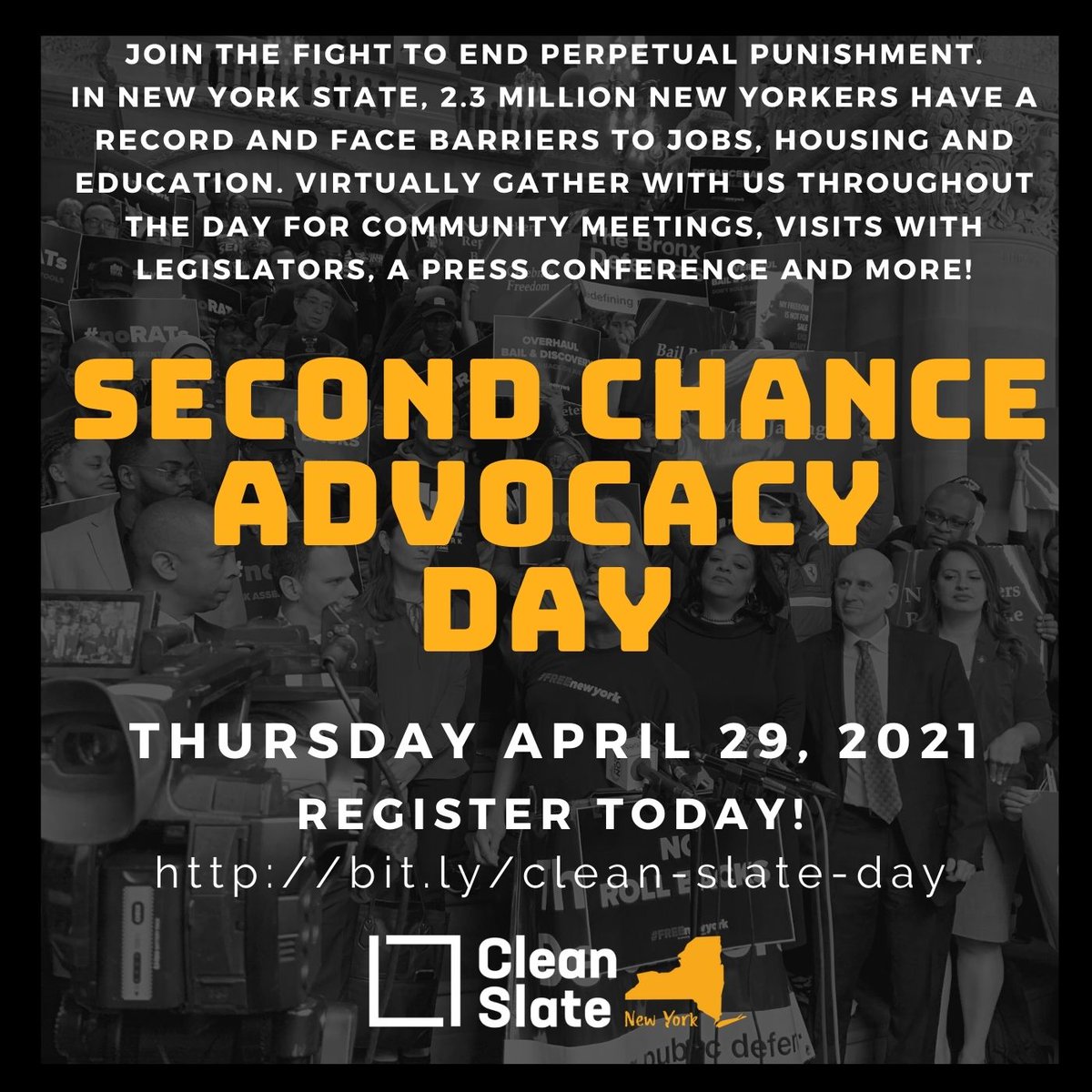 CSSNYorg's tweet image. Join us on this Thursday for a @CleanSlateNY campaign advocacy day!

➡️ Learn about the campaign
➡️ Talk to legislators about why we need automatic expungement
➡️ Find out how to take action to end perpetual punishment

All are welcome! RSVP here: bit.ly/clean-slate-day