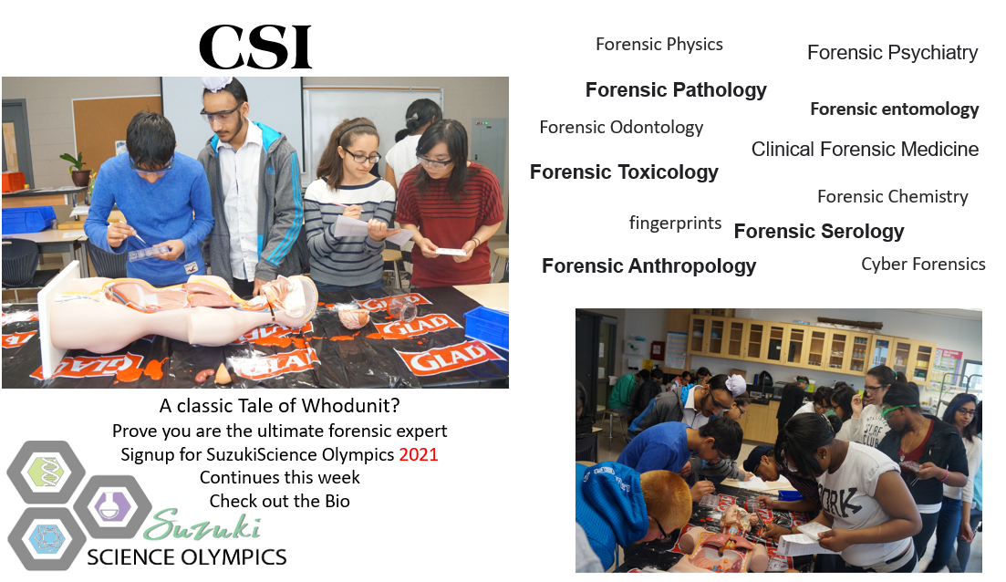CSI Crime Scene Investigation. This year's virtual event is sure to be the most confounding yet! Join <a href="/SuzukiScience/">C. Ellis</a> Olympics. Solve the crime. <a href="/DavidSuzukiSS/">David Suzuki Secondary School</a>