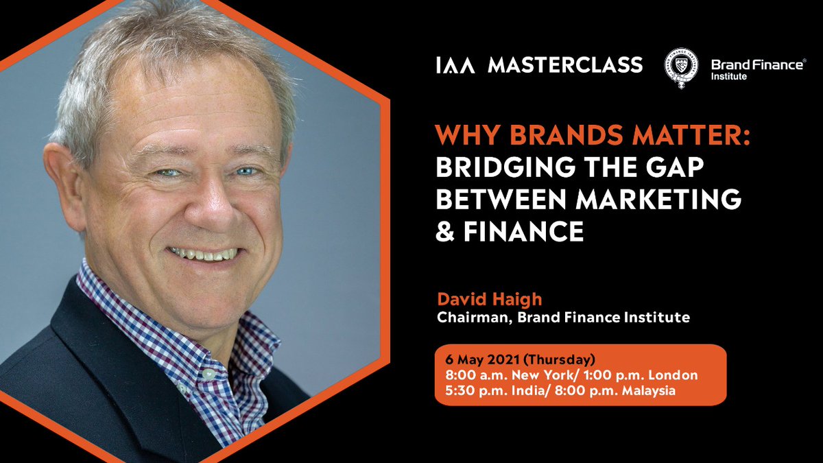 Don't miss @davidhaighbrand's masterclass with @IAA_Global on 6th May 2021, 1pm BST, where he will be sharing his thoughts on why #brands matter and @BrandFinance's work in bridging the gap between #marketing & #finance. Set a reminder: youtube.com/watch?v=QUEWRJ…