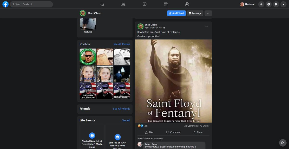 mysticalmatzah's tweet image. I reported this on Facebook, not against community standards. I saw your latest mission @patriottakes please put this man on your radar, Shad Olson. He's a former news anchor for KOTA-TV in Rapid City SD. #ExposeTheRight