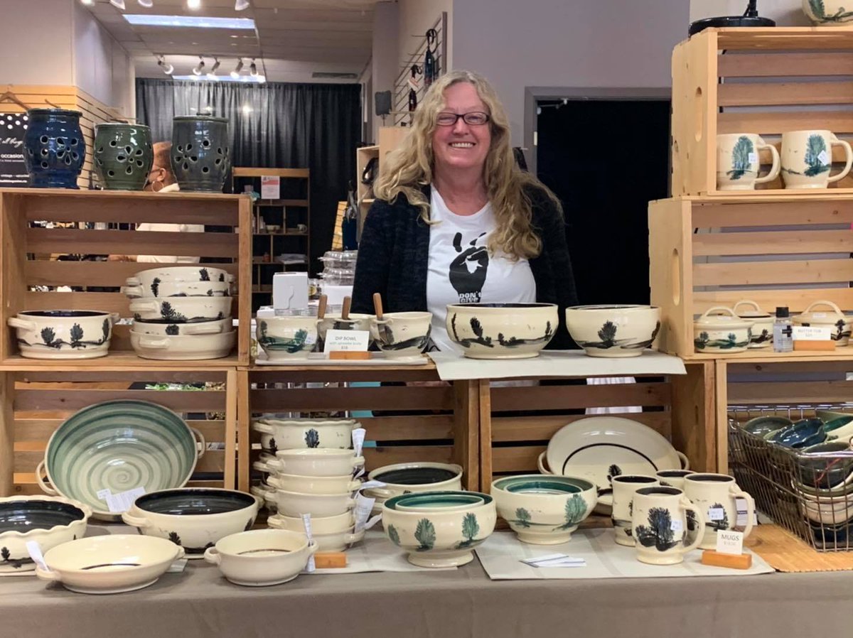 The Face Behind the Brand is Alecia of Whispered Secret Pottery Studio
Creative Focus: Alecia makes functional pottery with an underglaze decoration called Mocha Diffusion, creating a landscape design. When lockdown lifts, shop her line (in-person)at 261 Front St, @DTBelleville