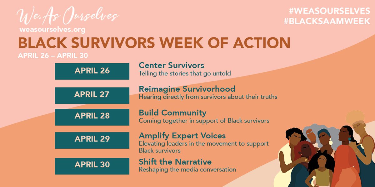 MeTooMVMT's tweet photo. Join @weasourselves — a culture and narrative change campaign in support of Black survivors by @nwlc @MeTooMVMT and @TIMESUPNOW — for the first-ever week of action centering and amplifying the voices of Black survivors. https://t.co/3YT4fnEMS6