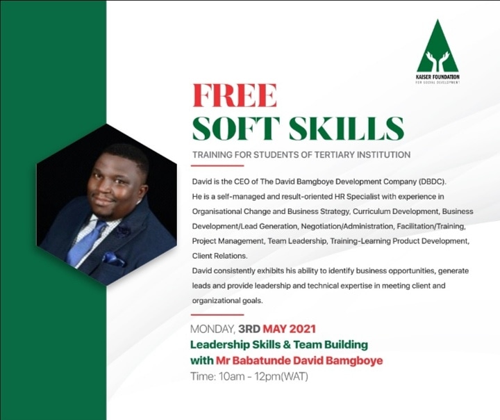 kaiser_Fsd's tweet photo. Meet our first Speaker for the SoftSkills Training for Undergraduates.
You all will agree with me that Leadership is a skill that we all need to have, because we will all be a leadership position at some point in our lives
#AcademicTwitter
#Training #SoftSkills 
. https://t.co/jsHXHbFkEI
