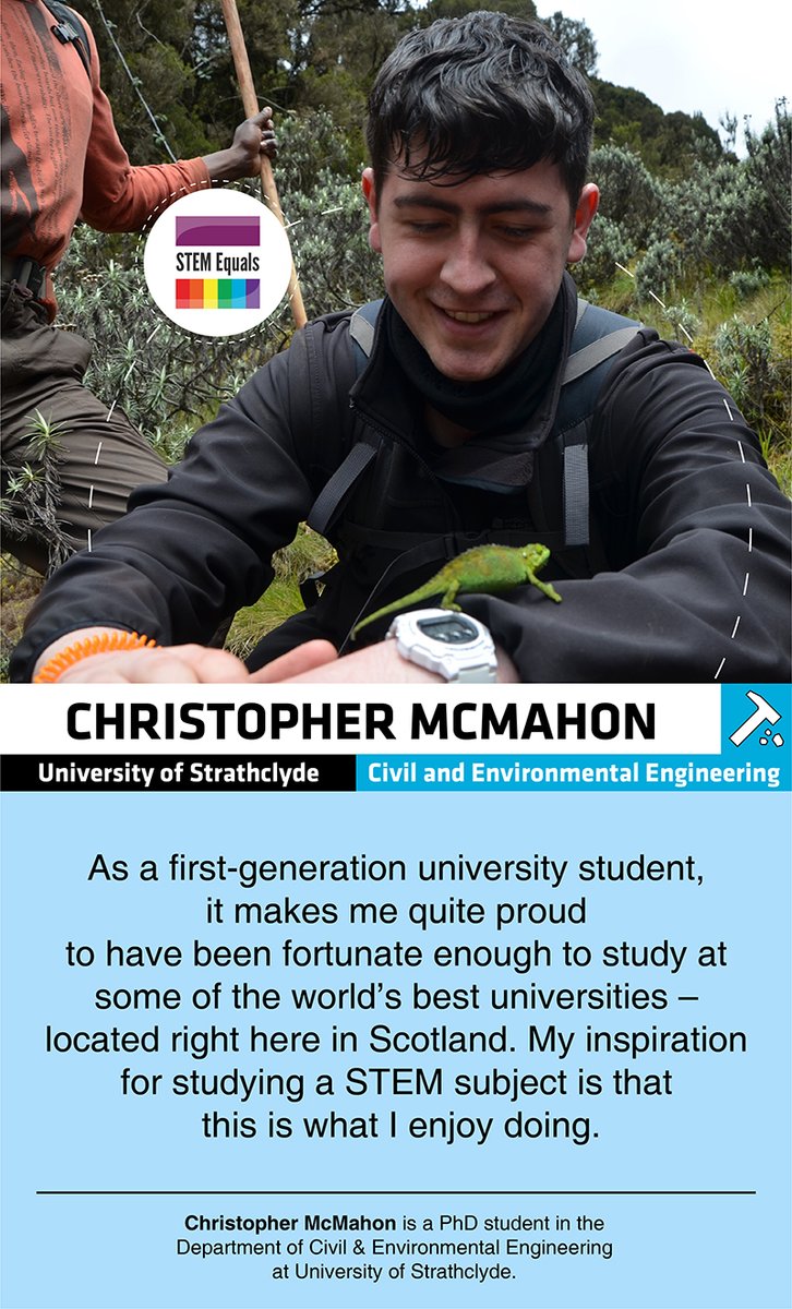 Pls RT: #STEMequals profile <a href="/ChrisMcMahon7/">Christopher McMahon</a> PhD <a href="/StrathCivEng/">Department of Civil & Environmental Engineering</a> <a href="/StrathEng/">Strathclyde Engineering</a> 

"As a first-generation student, it makes me proud to have been fortunate enough to study at some of the world’s best universities – located right here in Scotland." 

stemequals.ac.uk/Initiatives/ST…
<a href="/UniStrathclyde/">University of Strathclyde</a>