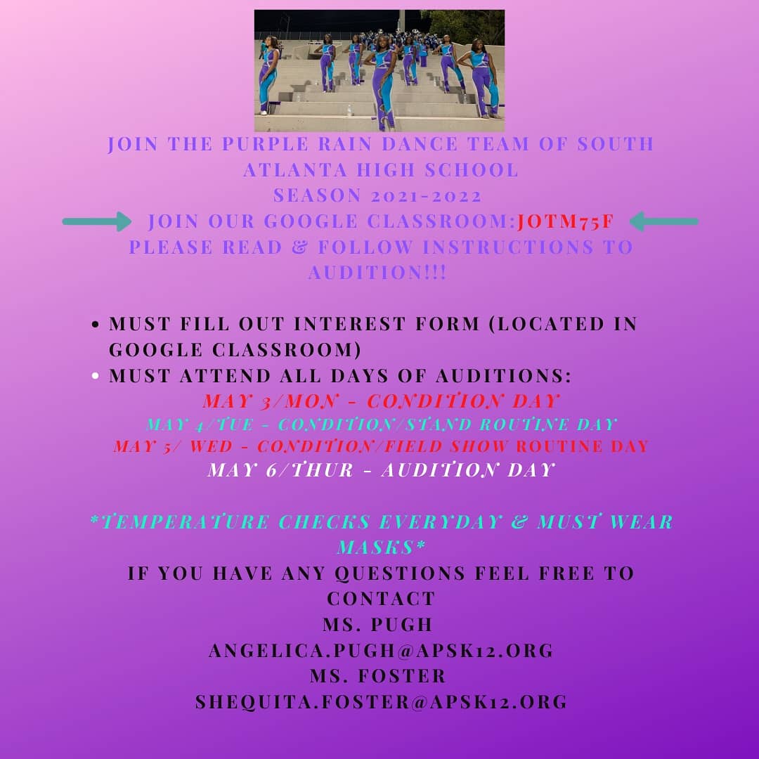 royalhornettes's tweet photo. AUDITION TIME ππΎ! Come and audition for the upcoming season of the Purple Rain dance team! May 3 - May 6 from 430 PM to 6 PM. Join Google classcode JOTM75F to sign up! See you on the dance floor! πβ #purpleraindanceteam #dancerslife #purplehornets #apsarts #apsdance https://t.co/vZccJm68G7
