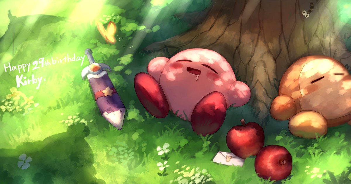 kirby sleeping fruit food apple grass butterfly tree  illustration images