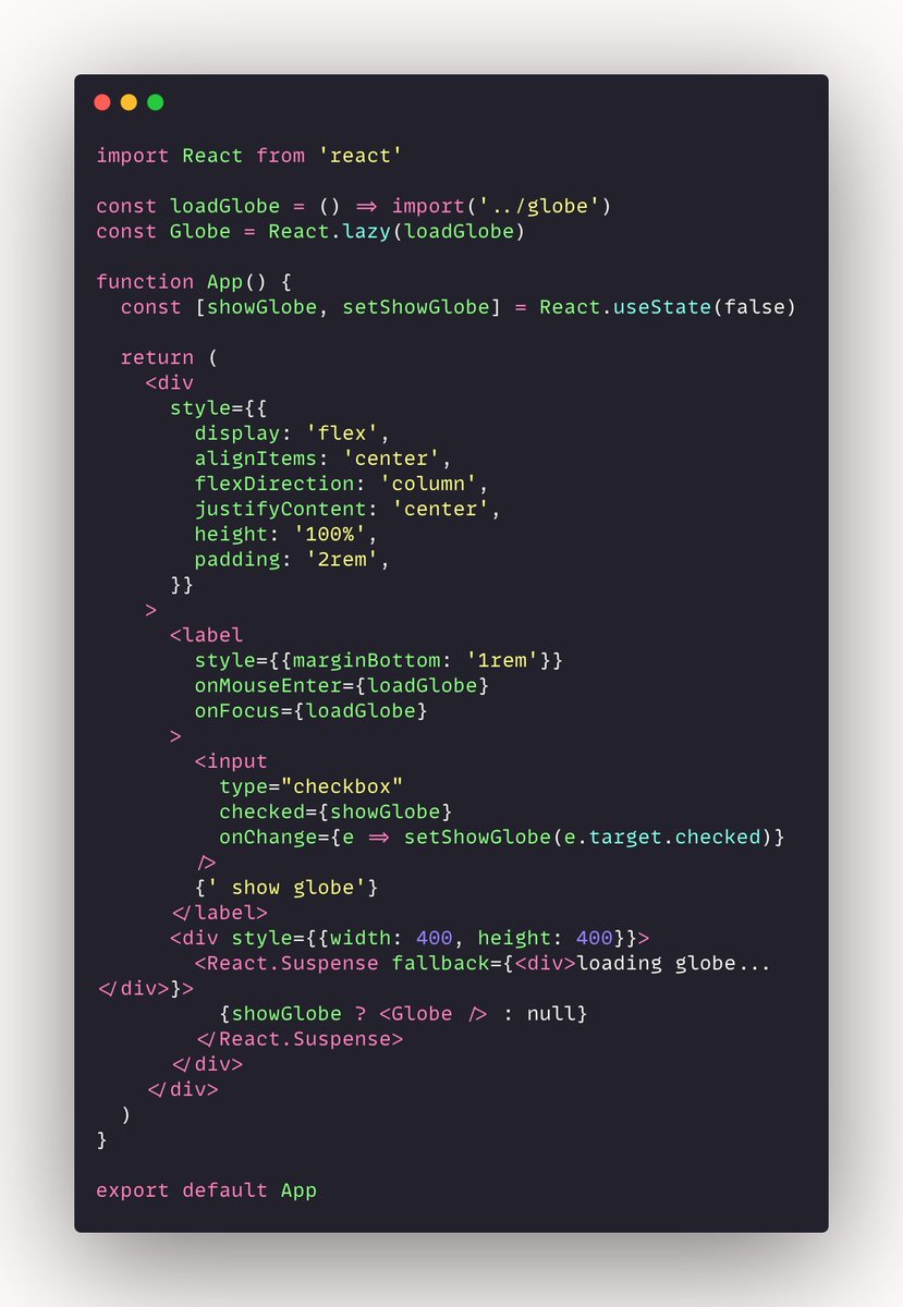  React PerformanceLazy loading of components while the user hovers on an element. Wow, how cool is this?Check the next thread for output 