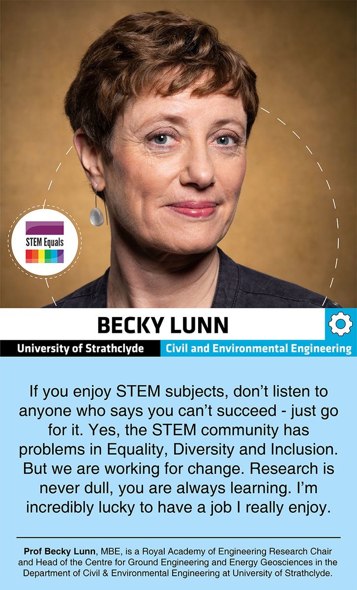 Pls RT: #STEMequals profile <a href="/profbeckylunn/">Becky Lunn</a>
Professor <a href="/StrathCivEng/">Department of Civil & Environmental Engineering</a> <a href="/StrathEng/">Strathclyde Engineering</a>

"If you enjoy STEM subjects, don't listen to anyone who says you can't succeed - just go for it." 

stemequals.ac.uk/Initiatives/ST…
<a href="/UniStrathclyde/">University of Strathclyde</a> #STEM #DiversityInSTEM #InclusionInSTEM