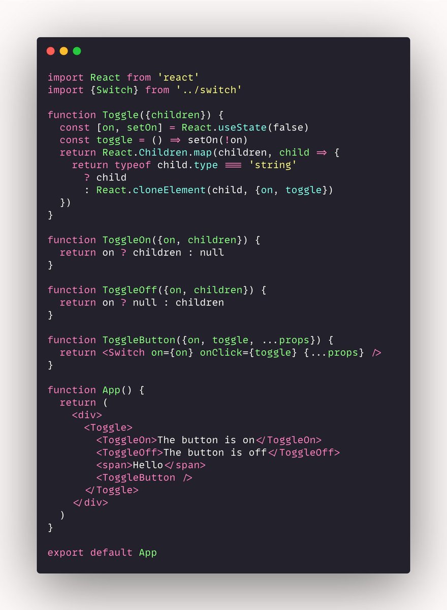  React Component ComponentsUsing compound components in React is so amazing, I'm sure there will be many devs out there who have never tried this out. Check the next thread below for output 