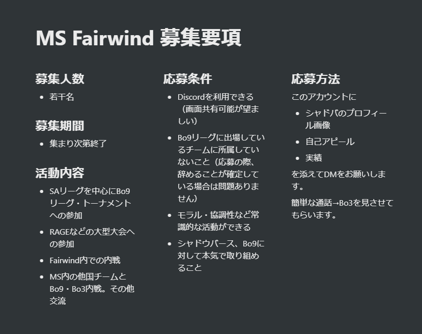 MS_Fairwind's tweet photo. MS Fairwindは新たにメンバーを募集します。画像をよく読んだ上で応募をお願いします。
#シャドウバース #Shadowverse #シャドバチーム https://t.co/eFQW8yBJUQ