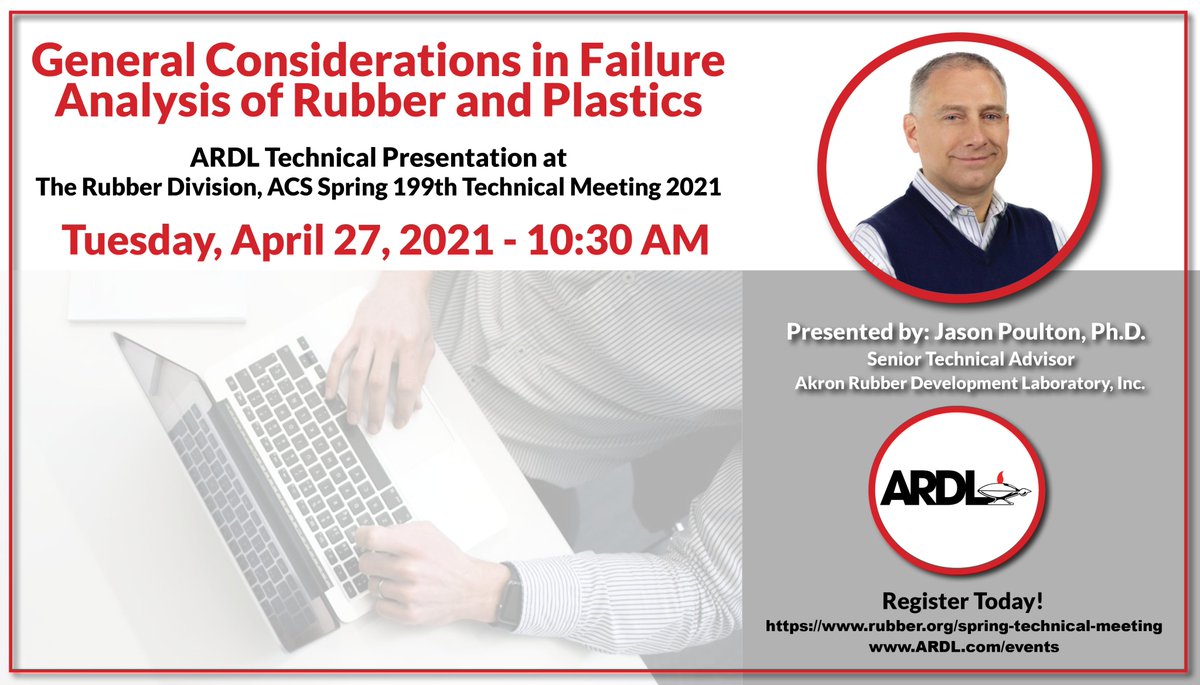 Join ARDL at the @RubberDivision's Spring Tech Meeting 2021. April 27-29. 

ARDL's Jason Poulton will present “General Considerations in Failure Analysis of Rubber and Plastics” at 10:30 AM on April 27th. 

Registration: 
rubber.org/spring-technic…

#FailureAnalysis #RubberTesting