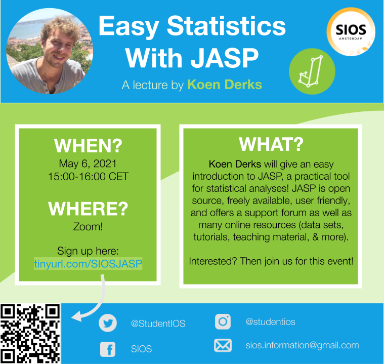 SIOS (@studentios) on Twitter photo Do you suffer from codephobia, the fear of #programming? Worry no more, #openscience fam - on May 6, Koen Derks will introduce <a href="/JASPStats/">JASP Statistics</a>, a free (!!!) & intuitive statistical program that is great for both #frequentist and #bayesian analysis😎
SIGN UP💪: tinyurl.com/siosjasp Do you suffer from codephobia, the fear of #programming? Worry no more, #openscience fam - on May 6, Koen Derks will introduce <a href="/JASPStats/">JASP Statistics</a>, a free (!!!) & intuitive statistical program that is great for both #frequentist and #bayesian analysis😎
SIGN UP💪: tinyurl.com/siosjasp