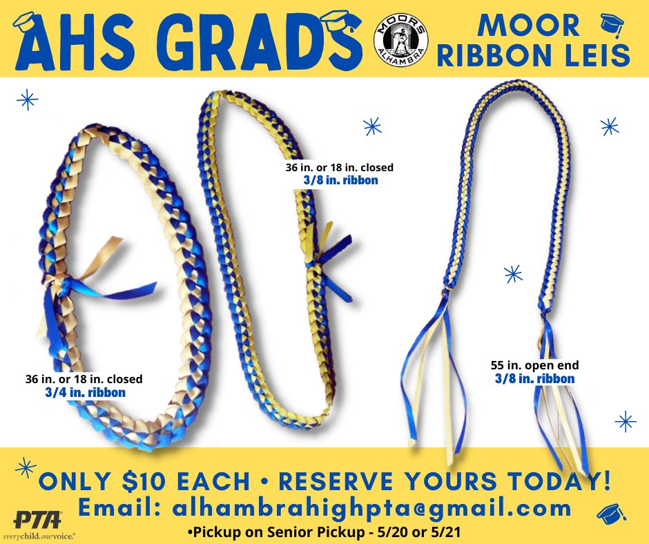 EBalsz's tweet photo. Alhambra HS Grads 🎓 Congratulations 🎉 on all your hard work. Now celebrate with a beautiful Moor ribbon Lei. Reserve yours today - contact AHS PTA. #ahsmoors https://t.co/5hZy7xtNhw