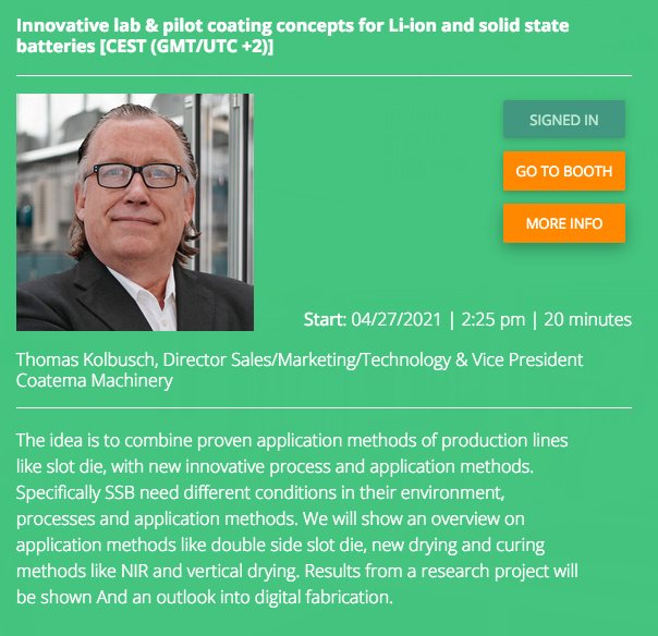 coatema's tweet photo. Tomorrow the #VirtualBatteryExhibition starts and our Vice President Thomas Kolbusch from #Coatema will have a talk at 2.25 pm: "Innovative lab &amp; pilot coating concepts for Li-ion and solid state batteries". Looking forward to see you there. 
https://t.co/ggjBC2C7vl https://t.co/mixo2YcXWk
