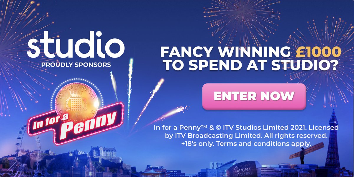 studio_co_uk's tweet photo. Fancy winning £1000 to spend at Studio? Enter our IN FOR A PENNY prize draw for your chance to win! After all, you’ve got to be in it to win it https://t.co/Rgog2U3L9S
Studio are proud sponsors of In for a Penny!! 💰⭐ Ts & Cs apply. 18's+ only #InForAPenny #StudioInForAPenny https://t.co/huYqrqeeJj