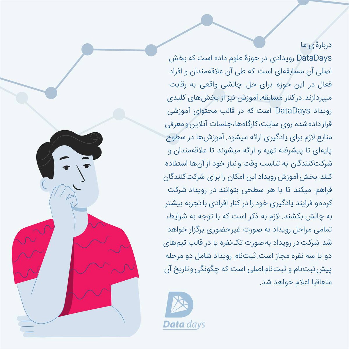 DataDays_Sharif's tweet image. خب خب، با توجه به اینکه رونمایی از سایت و شروع ثبت‌ نام نزدیکه یه توضیحات کلی در مورد اینکه #DataDays چیه و امسال قراره چجوری پیش بره نوشتیم که تو عکس زیر میتونید بخونید. لطفا با به اشتراک‌ گذاشتن این مطلب کمک کنید تا مخاطب‌های جدید رویداد هم باهاش آشنا بشن.
#We_Recommend