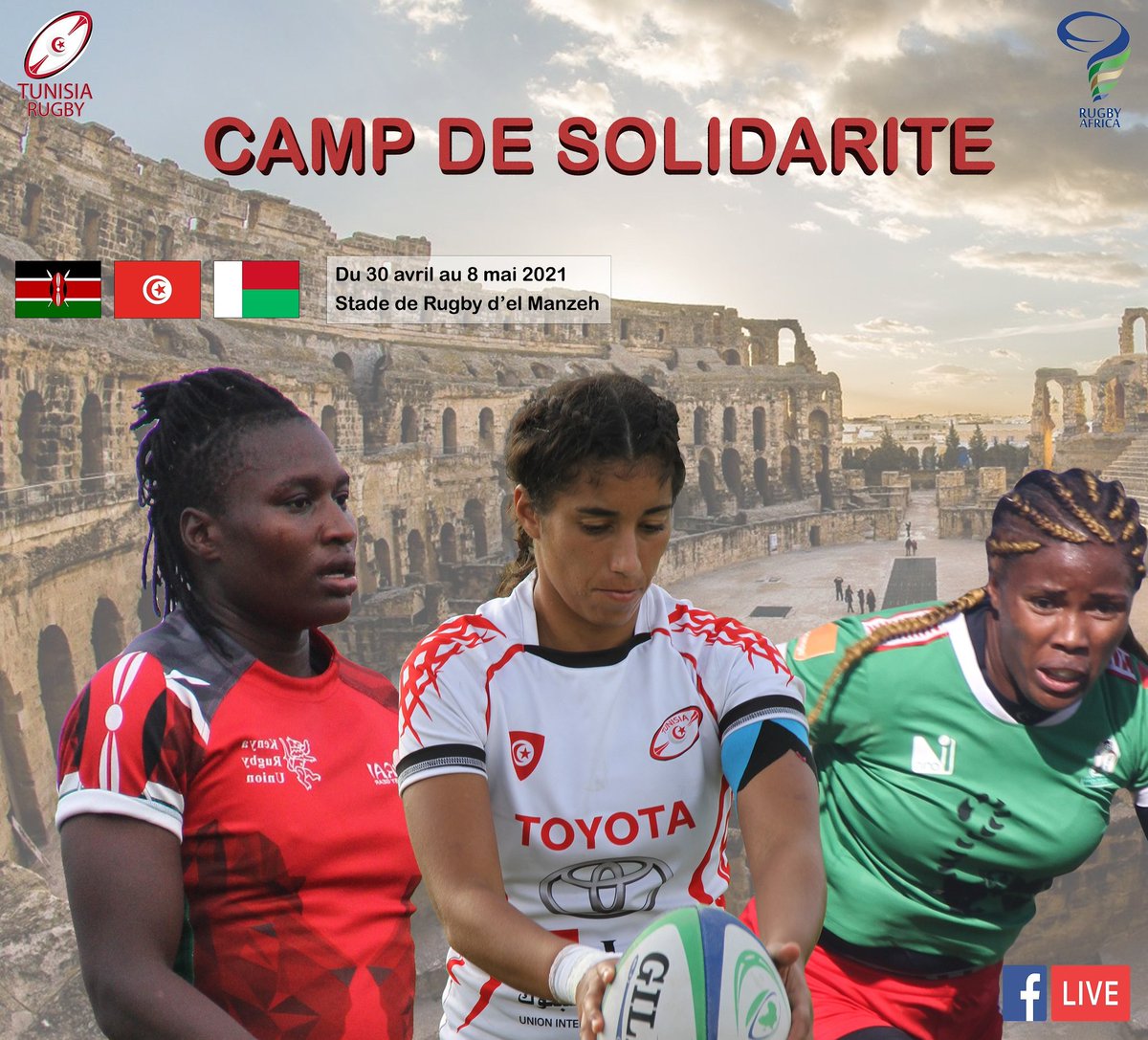 🏉Camp de solidarité : Du 30 avril au 08 mai 2021 au stade de rugby d'el Manzeh «Kenya-Tunisie-Madagascar» 🏉Programme : Du 1 au 2 mai 2021 : Premier tournoi (À partir de 9H30) Du 3 au 6 mai 2021 : Camp d’entrainement Du 7 au 8 mai : Tournoi final (À partir de 9H30) 🇰🇪 🇹🇳 🇲🇬