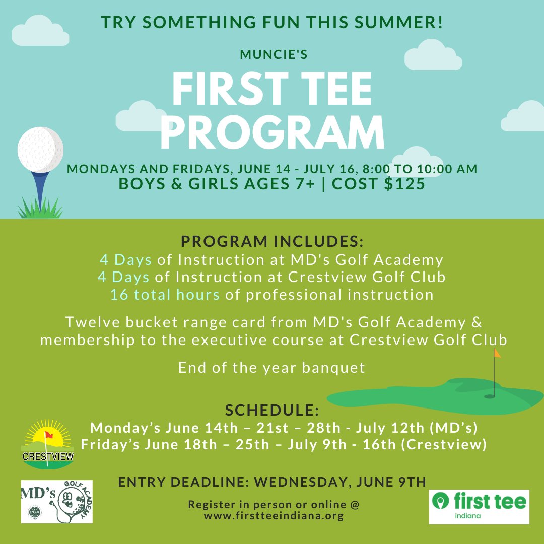 Create summer memories that you wont FORE-get! Get your children signed up with our First Tee Program!  Registration deadline is Wednesday, June 9th. For more information visit:  crestviewgolf.net/the-course/fir…