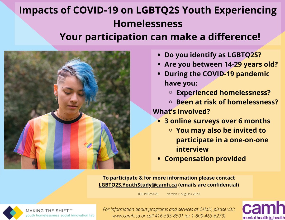 Alex Abramovich (@ialexabramovich) on Twitter photo Calling all LGBTQ2S youth, 14-29 yrs, living in Greater Toronto Area & surrounding areas, at-risk of or experiencing homelessness (staying at shelter, couch surfing, struggling to pay rent). Study involves 3 online surveys ($ provided). Contact: LGBTQ2S.YouthStudy@camh.ca Calling all LGBTQ2S youth, 14-29 yrs, living in Greater Toronto Area & surrounding areas, at-risk of or experiencing homelessness (staying at shelter, couch surfing, struggling to pay rent). Study involves 3 online surveys ($ provided). Contact: LGBTQ2S.YouthStudy@camh.ca
