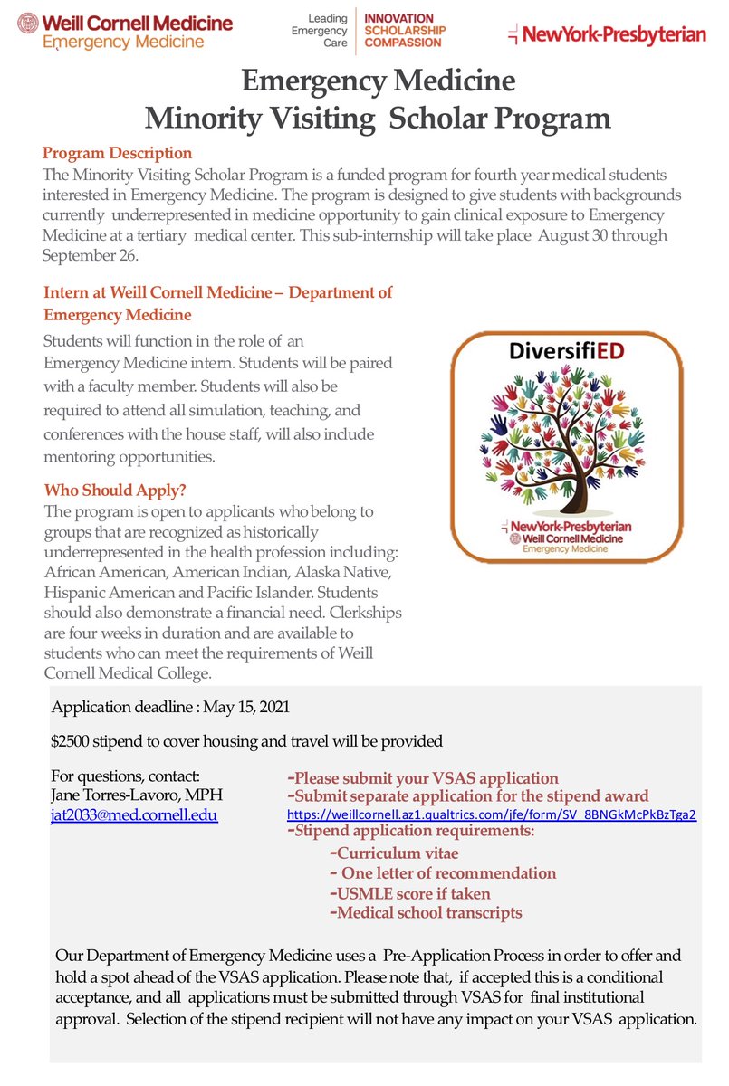 WCMEmergency's tweet photo. WCM Emergency Medicine is accepting applications for the Minority Visiting Scholar Program.  Visit https://t.co/T0GDr9PUpS for more information. https://t.co/E06VsaW00n