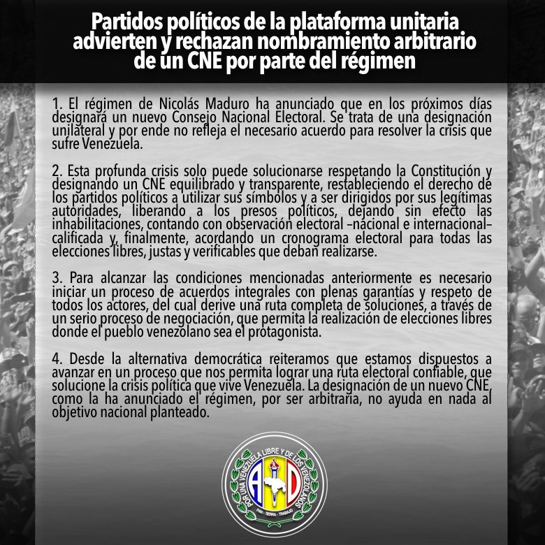 Comunicado | Partidos políticos de la plataforma unitaria advierten y rechazan nombramiento arbitrario de un CNE por parte del régimen.