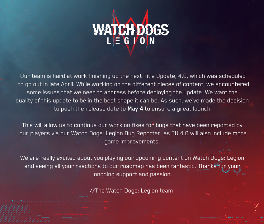 An update regarding TU 4.0 from the #WatchDogsLegion team 👇
