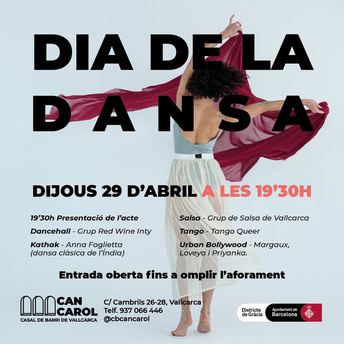 CBCanCarol's tweet photo. Aquest dijous vine a aixoplugar-te a #cancarol i gaudeix d'una vesprada de dansa. T'esperem a les 19'30h.
Organitzat per: #comiartsicultura
#casaldebarri #vallcarca #DiaInternacionaldelaDansa #dansa #dancehall #kathak #salsa #tangoqueer #urbanbollywood https://t.co/P4efhzUL2s