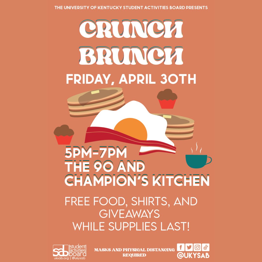 It's that time of the semester again! Mark your calendars for our annual Crunch Brunch this Friday April 30th from 5 - 7 p.m. at both Champs &amp; The 90. You won't want to miss our yearly break from finals, complete with food, music, &amp; friends!