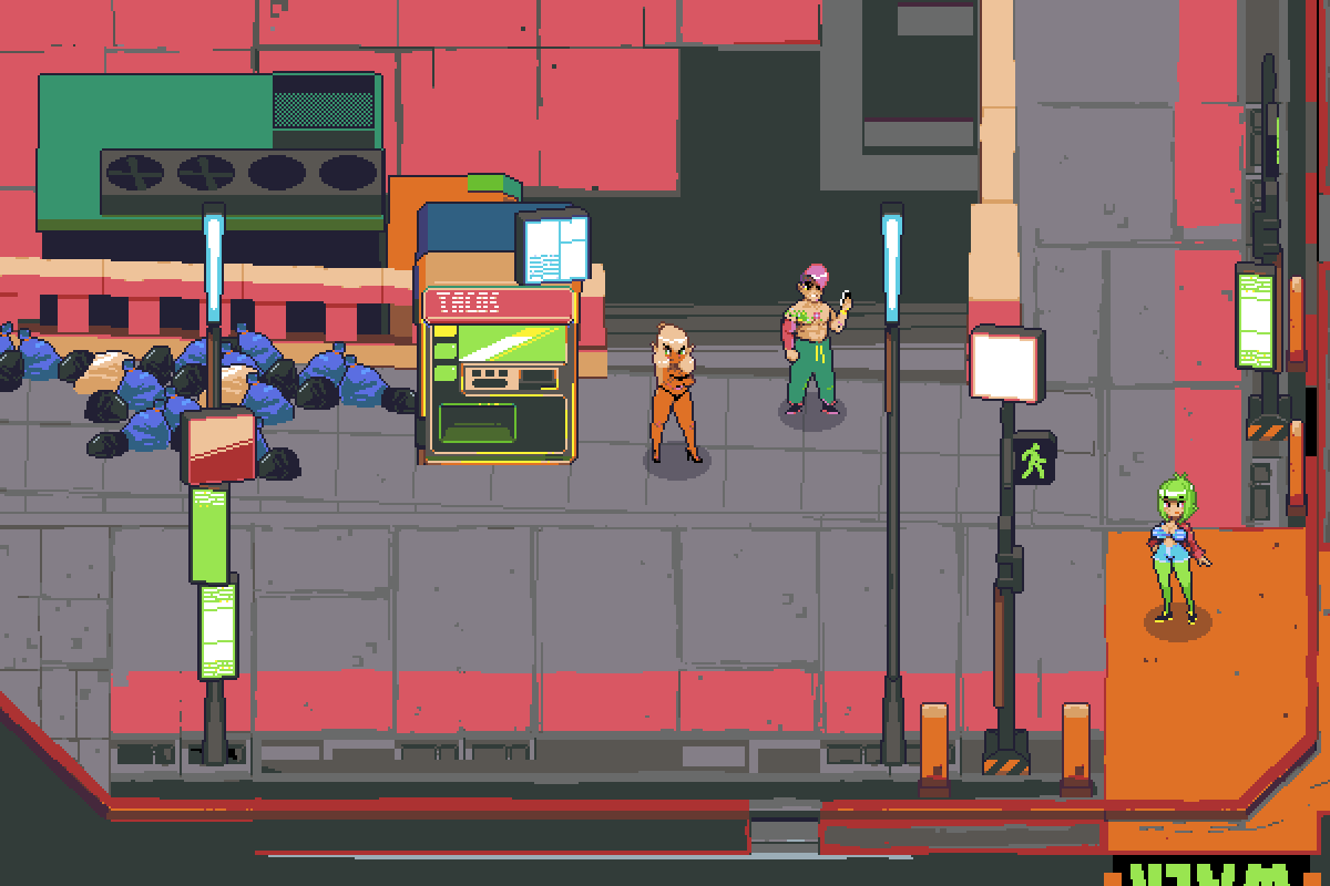 krispixel's tweet photo. Prototyping some #cyberpunk #pixelart tileset with @MysticCityDev. #aseprite #gamedev https://t.co/EZR7RQlJYA