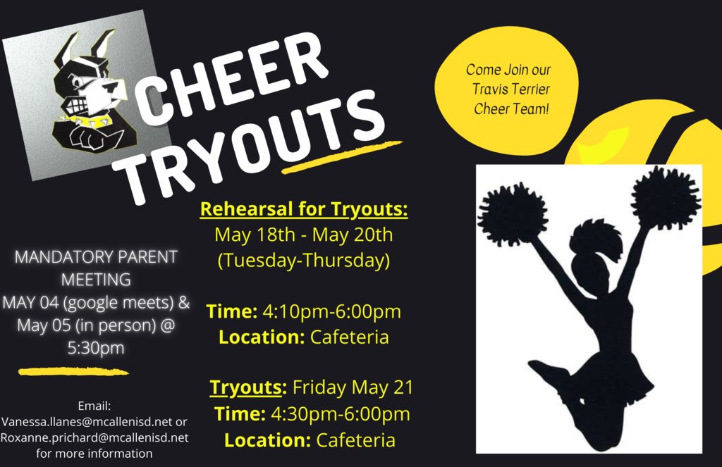 2021-2022 Cheer Tryouts is about to happen, students please bring your parents to a mandatory parent meeting May 5th for important information.