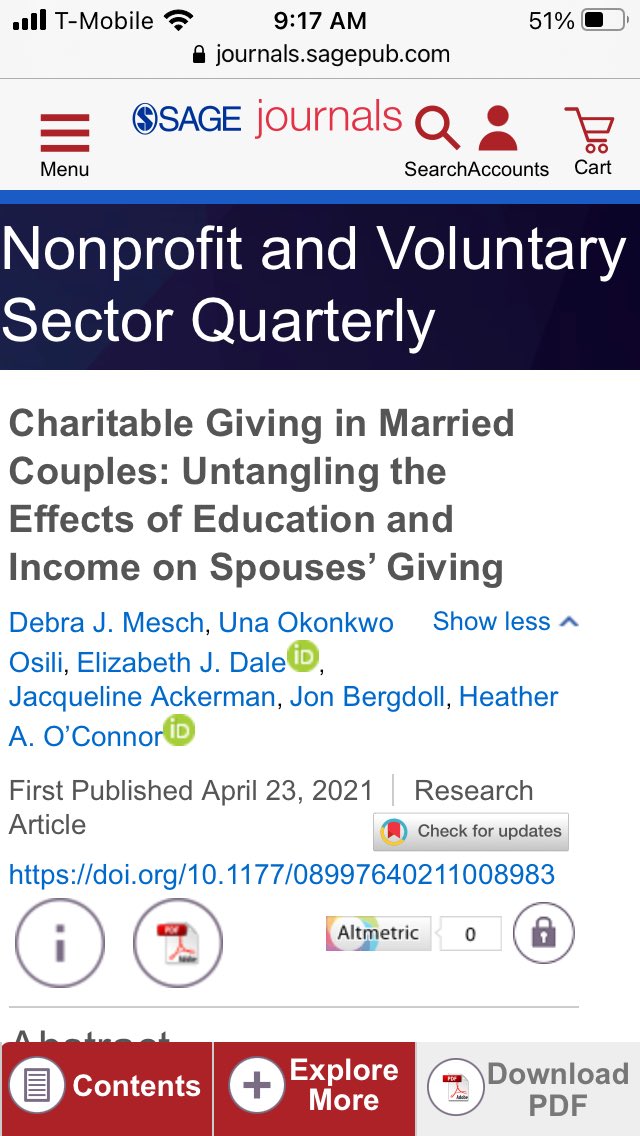 New work out on gender and charitable giving in married couples unpacking the “black box” of household finances. Women’s earned income is related to increased likelihood to give and give more, while education seems to matter less.
