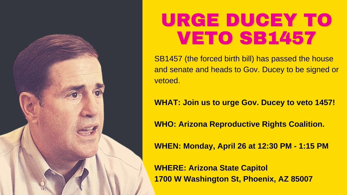 #SB1457 grants full rights to fetuses beginning at conception, threatening women who have abortions, miscarry, or stillbirths w/ criminal charges up to homicide. 70% of Arizonans believe abortion should be safe & legal. Join us in telling Gov. Ducey to veto the bill! #HandsOffAZ