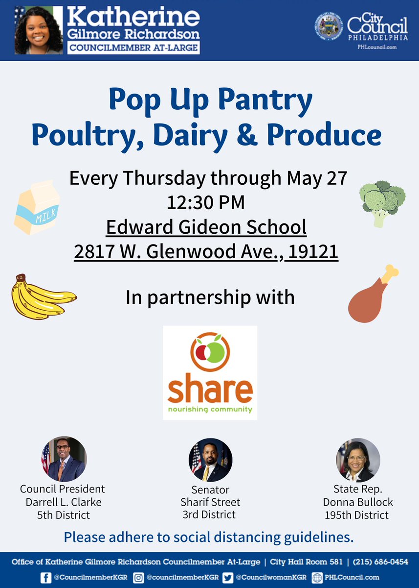 CouncilwomanKGR's tweet photo. Please share! 

Our weekly pop up pantries in Wynnefield and North Philly will continue through May! We will be at St. Barbara's in Wynnefield every Wednesday and Edward Gideon Elementary in North Philly every Thursday. https://t.co/34tbfeafDl