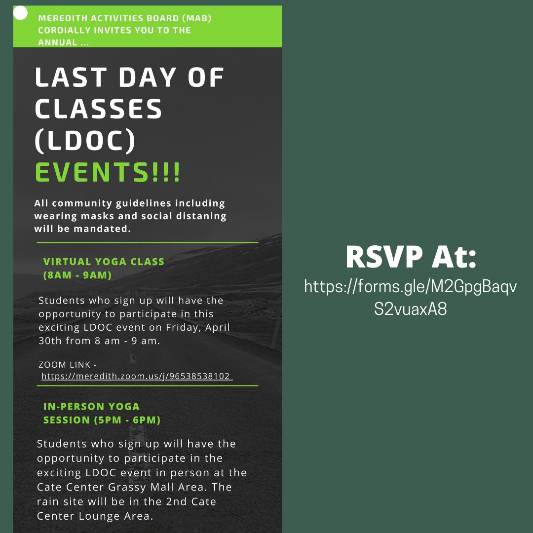 MeredithSLS's tweet photo. Celebrate LDOC - As you wrap up the semester, unwind with a yoga class hosted by MAB.    TWO classes offered THIS FRIDAY: one virtual session and one in-person session.  Afterwards you’ll feel energized, empowered, and a deeper connection to self.  Join MAB! https://t.co/j2N7DF6GXa
