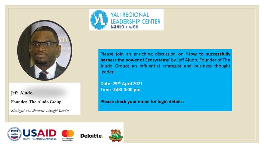ndanastase's tweet photo. Dear @YALIRLCEA Alumni,
You're all invited for a webinar on Harnessing the Power of Your Ecosystem slated for Thursday, April 29, 2021 from 2:00pm-4:00pm (EAT) with @JeffAludo, Founder of @AludoGroup &amp; is an influential strategist and business thought leader.
Don't miss! https://t.co/e8tVQ4MtpB