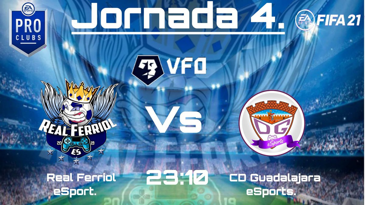 Queremos empezar la semana con un victoria💪🔵⚪️
📆 Jornada 4
🏆 <a href="/VFOspain_ps/">VFOspain PS</a> 
⌚ 23:10
🆚 <a href="/DxGuada_eSports/">C.D. Guadalajara eSports</a> 

#QueRuedeLaBola