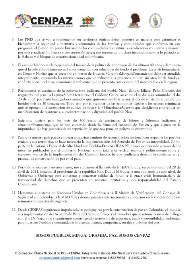 CENPAZ_'s tweet photo. #URUMBAMINGADEPENSAMIENTO
DECLARACIÓN COORDINACIÓN ÉTNICA NACIONAL DE PAZ – CENPAZ 23-04-21

1.Entregamos informe a @ComisionVerdadC @JEP_Colombia @UBPDcolombia

2. Ante crisis llamamos a reunión de @ieanpe con @IvanDuque con apoyo @MisionONUCol @MAPPOEA 

https://t.co/pcYIBWK7Ku https://t.co/Hlluo9utwy