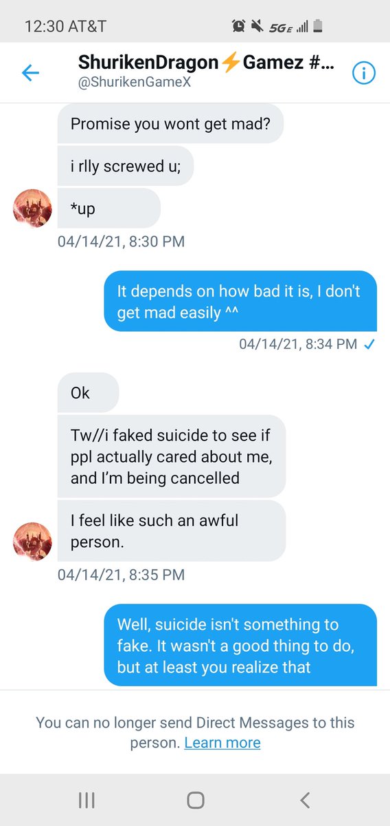 TW // SUICIDE MENTIONThey also faked suicide to someone. I'm pretty sure they've learned their lesson on why that's wrong, but I'm still including it because it's a red flag. They were also guilt trippy towards me.