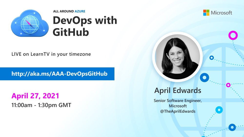 TheAprilYoho's tweet image. Join us tomorrow for #AllAroundAzure with a totally awesome set of presenters. I&apos;m so honored to share the stage with @FloorDrees @suushier @virtuEs_IT !  Sign up and join us tomorrow to talk about #DevOps with @github 👇