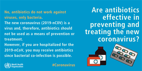 MYTH:Common antibiotics will cure COVID.FACT:Antibiotics work against bacteria, not viruses. Antibiotics are given only because bacterial co-infection is possible.13/n