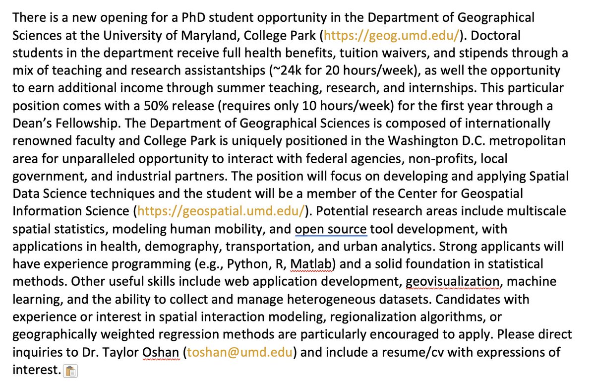 A little late in the game, but am recruiting for a new doctoral student opportunity! 

Please help spread the word 📢🚨📢🚨

Details below👇👇👇

#gischat #GIS #Spatial #DataScientist #Geography #UrbanMobility #Analytics