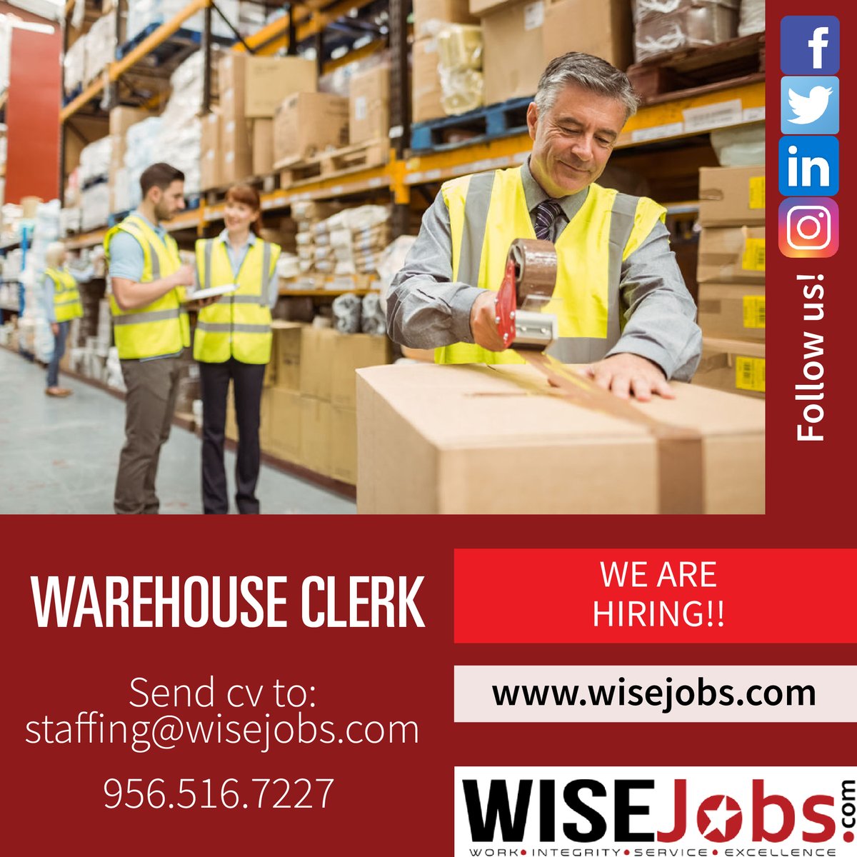 WISEJobs1's tweet photo. We are always hiring!!
Call us to make an in person or via zoom interview.

956.516.7227
Send us your Resume to: Staffing@wisejobs.com
Different jobs available. https://t.co/sMB3vcUG5K