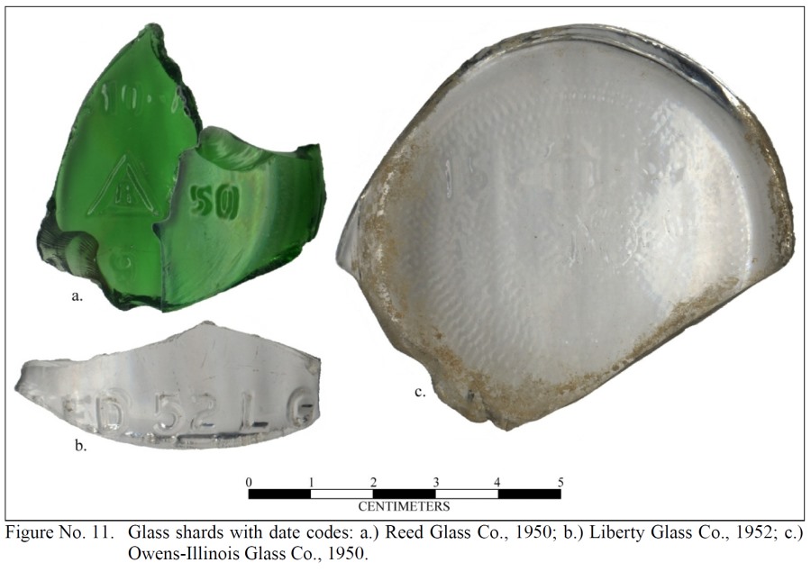 a) Reed Glass Co. base, 1950; b) Liberty Glass Co. heel, 1952; Owens-Illinois Glass Co. base, 1950 (Green 2015, Fig. 11). Various stippled (textured) bases date post ca. 1940 & Owens-Illinois Duraglas containers are some of the very earliest to exhibit this feature. #Archaeology