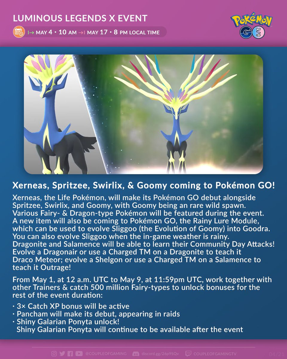 Pokémon Go - Evento Lendas Luminosas X - Como obter Xerneas, Spritzee,  Swirlix e Goomy