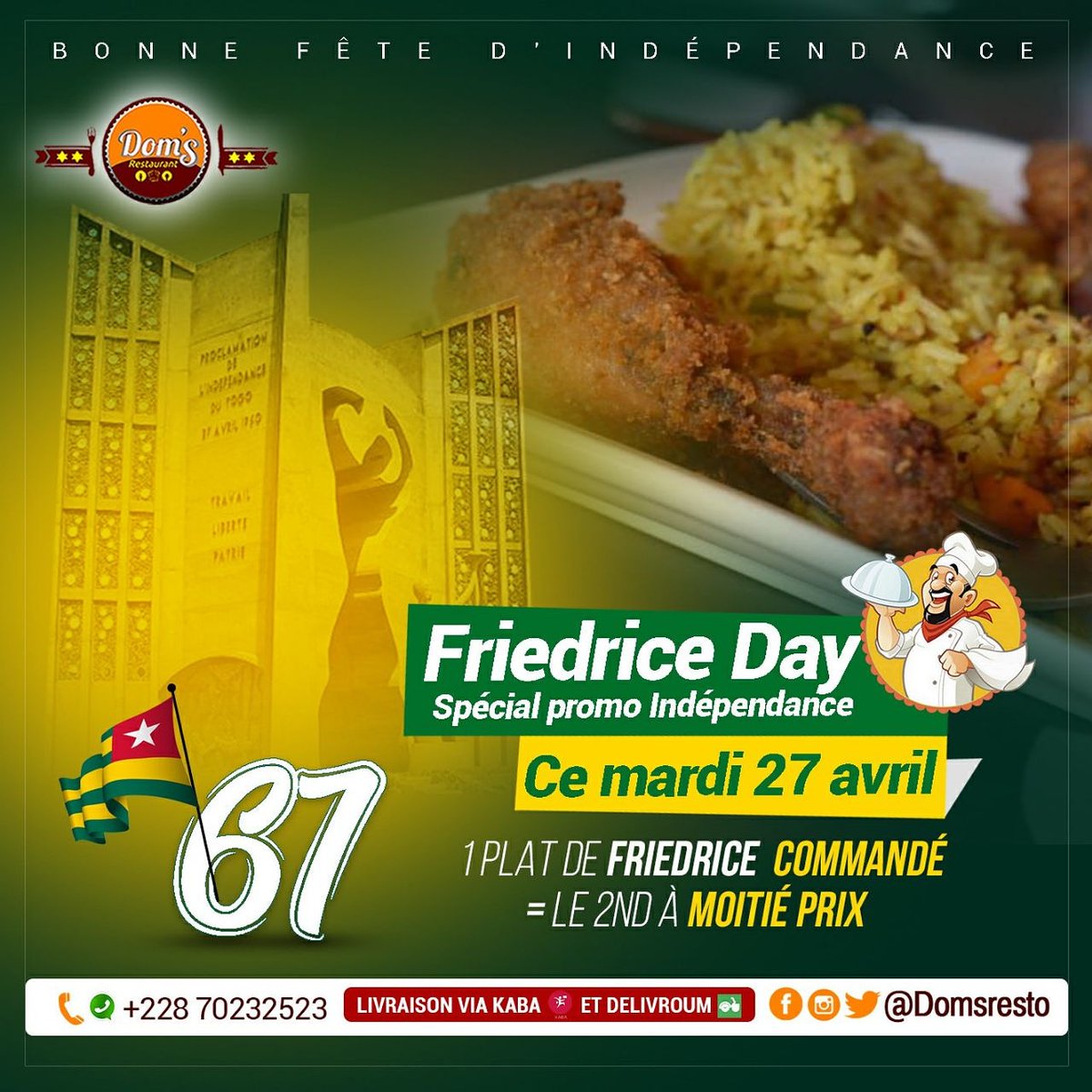 Demain n'est pas vendredi mais ce sera un FRIEDRICE DAY ! 🥳🥳🥳

Eh oui ! Toute la journée de demain, pour un plat acheté, le second vous est à moitié offert ! 😍

De quoi rendre belle, la fête de l'indépendance de notre cher pays ! 🇹🇬

Vous pouvez déjà precommander au : 👇🏾