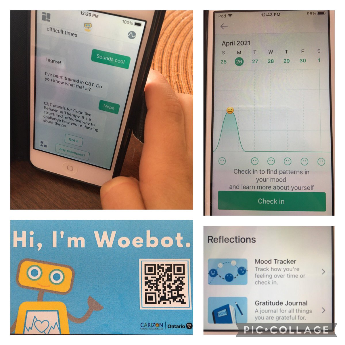My daughter and I are experimenting with the @HiWoebot app. Quick and easy daily check ins (sends you notifications) and we really enjoy the mood tracker and gratitude journal data collecting! @Carizon @kwcounselling @ICC_NewHamburg @familycounsell1 #StrongerTogetherWR