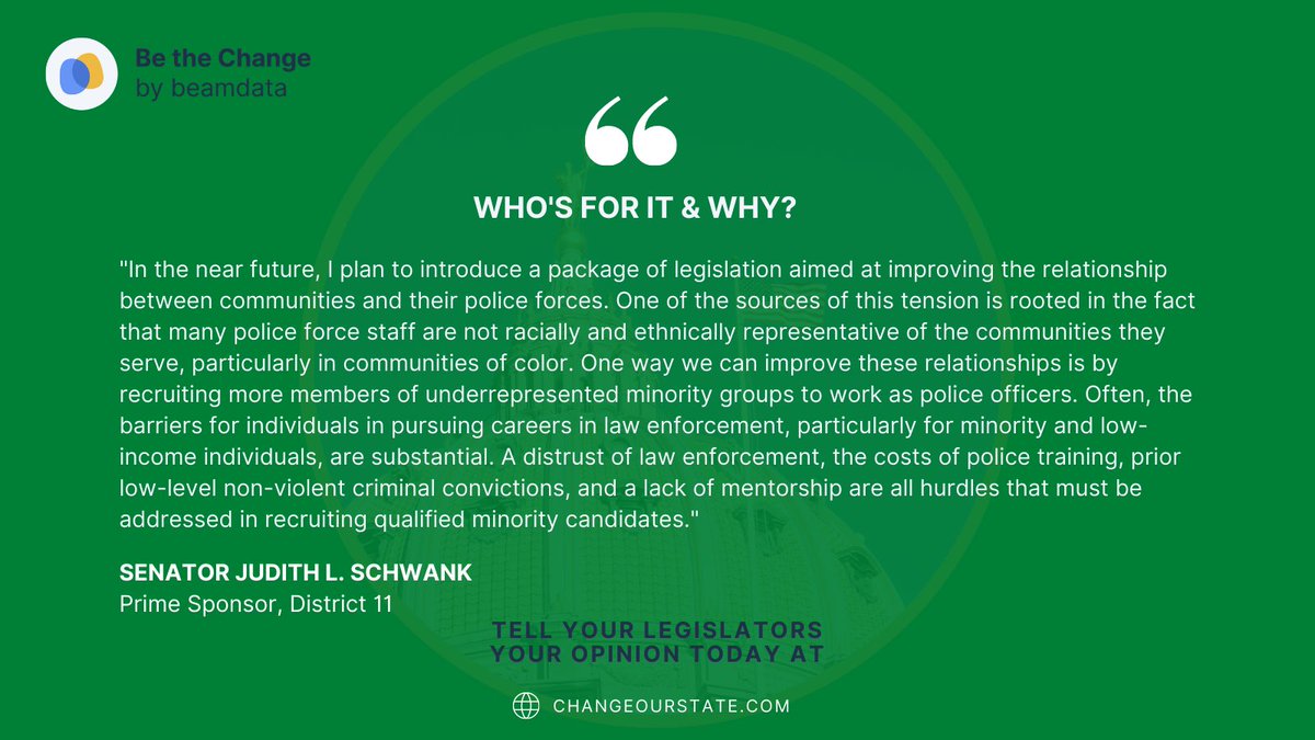 beamdata's tweet image. Spotlight on SB 395 prime sponsored by @SenJudySchwank. SB 395 is a part of a package of legislation (SB 394 and SB 391) that aims to improve relations between communities and their police forces. Read the snapshot and head to ChangeOurState.com to share input!