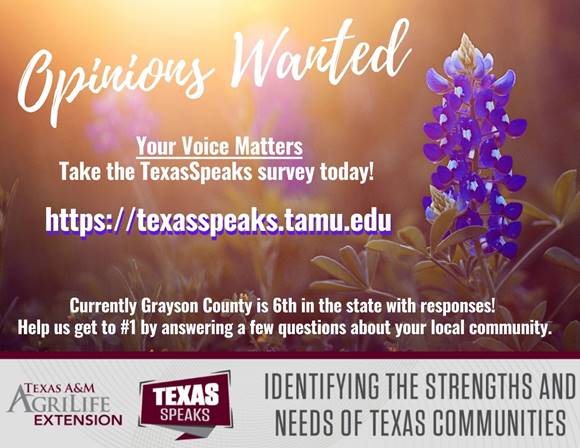 Texas A&amp;M AgriLife Extension Service has been promoting a statewide needs assessment survey. Grayson County is in 6th place with 312 responses, and we would like to push one to #1! texasspeaks.tamu.edu