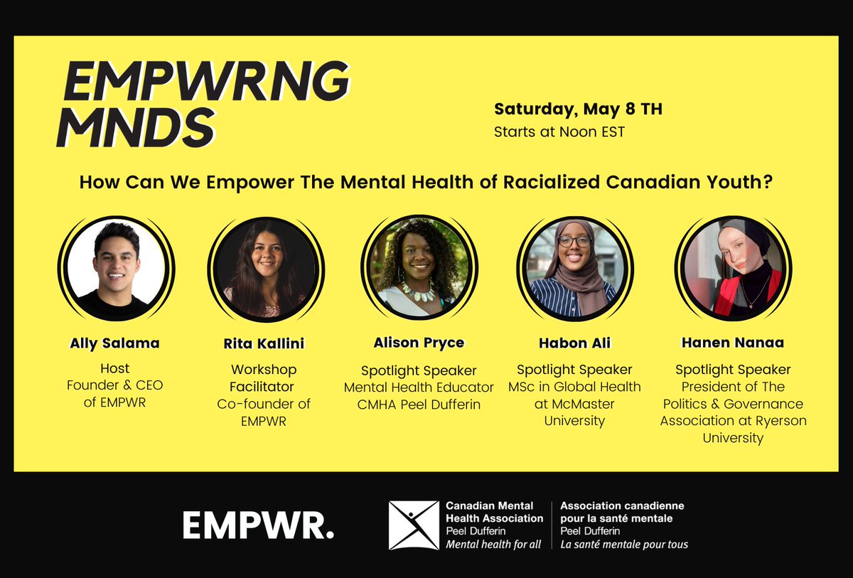 CMHAPeelDuff's tweet photo. Join us virtually on May 8th at noon during #MentalHealthWeek to #GetReal. How Can We Empower The Mental Health of Racialized Canadian Youth? Things we wish our parents knew about mental health during COVID-19. Ages 17-30. Register at: https://t.co/KjS54auQbH @empwrngmnds20 https://t.co/6Fh2NPgfqO