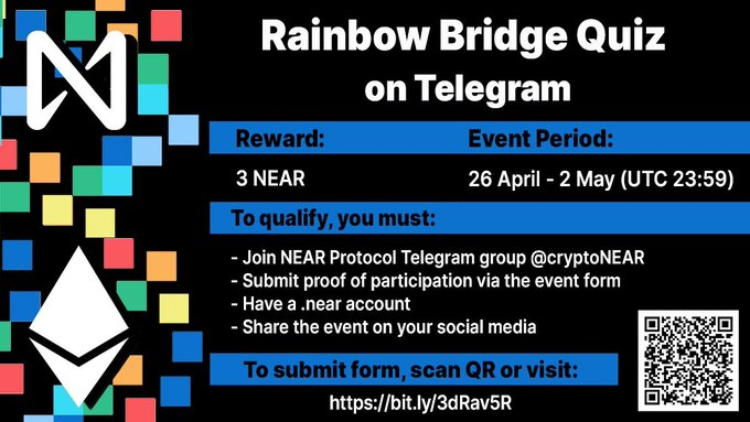AltMoses's tweet photo. 🌈🎉
- Join NEAR Protocol Telegram group @cryptoNEAR
- Submit proof of participation via this form: https://t.co/sw3w36LVpn
- Have a .near account
- Share the event on your social media
- Make sure you answer 3 out of 4 Rainbow Bridge questions correctly https://t.co/lqSpCZW35f